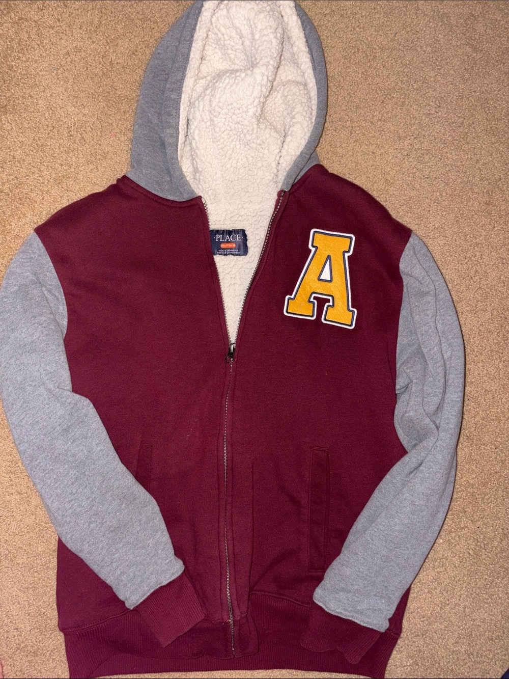 The Children's Place Maroon & Gray Hooded Zip Sweatshirt with Yellow Letter A
